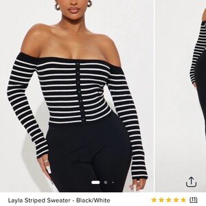 Black and White Striped Off-Shoulder Sweater